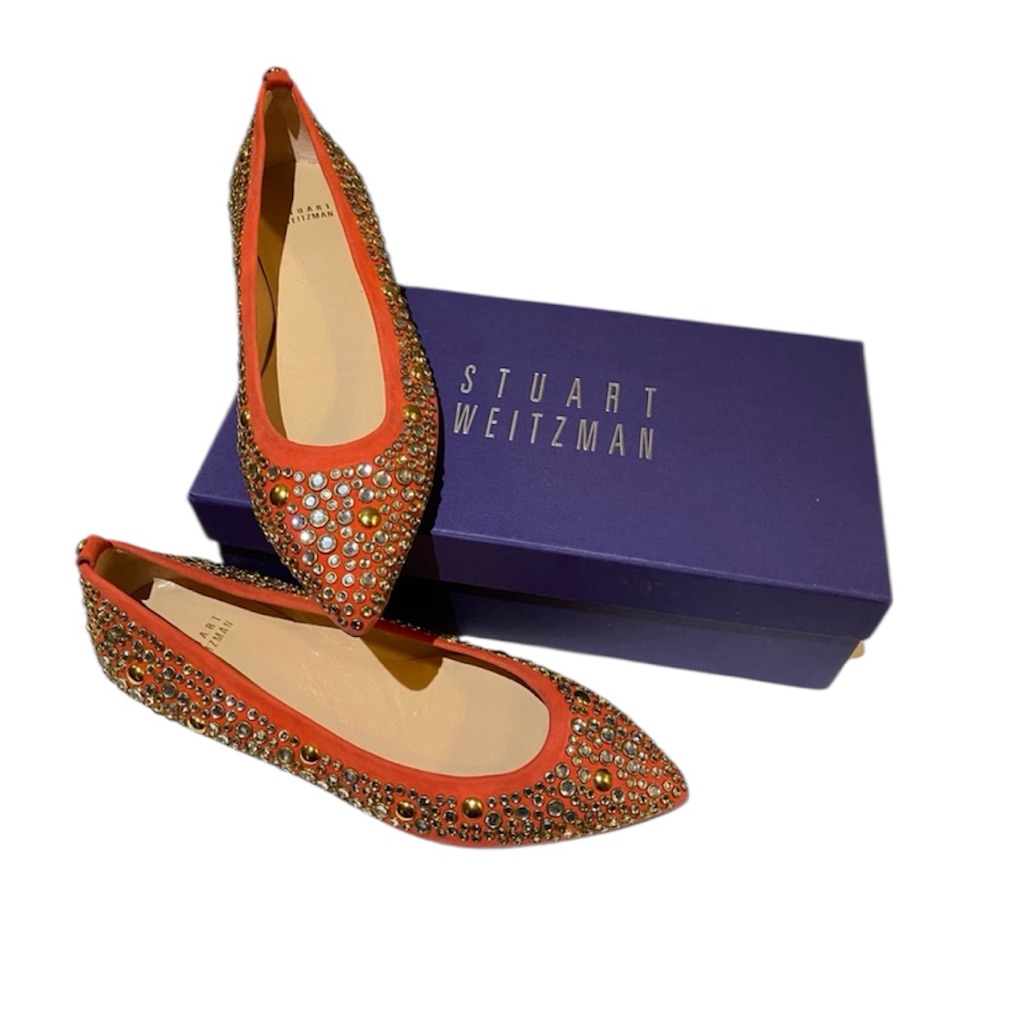 New In Box Stuart Weitzman Coral Rhinestone Flat Point Toe Shoes Size 8.5